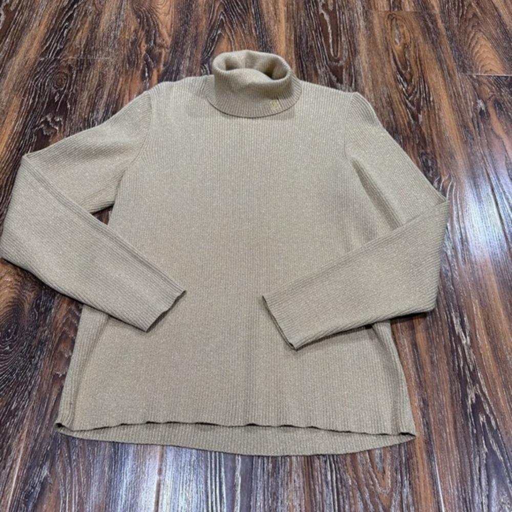 VTG Ralph Lauren XL Turtleneck Sweater Womens Gold Metallic Ribbed Knit